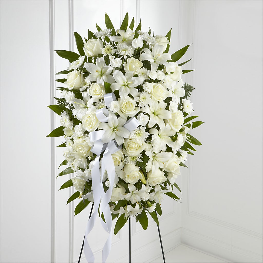 Exquisite Tribute Standing Spray-White Ribbon – Bolton Florist Inc, Bolton ON