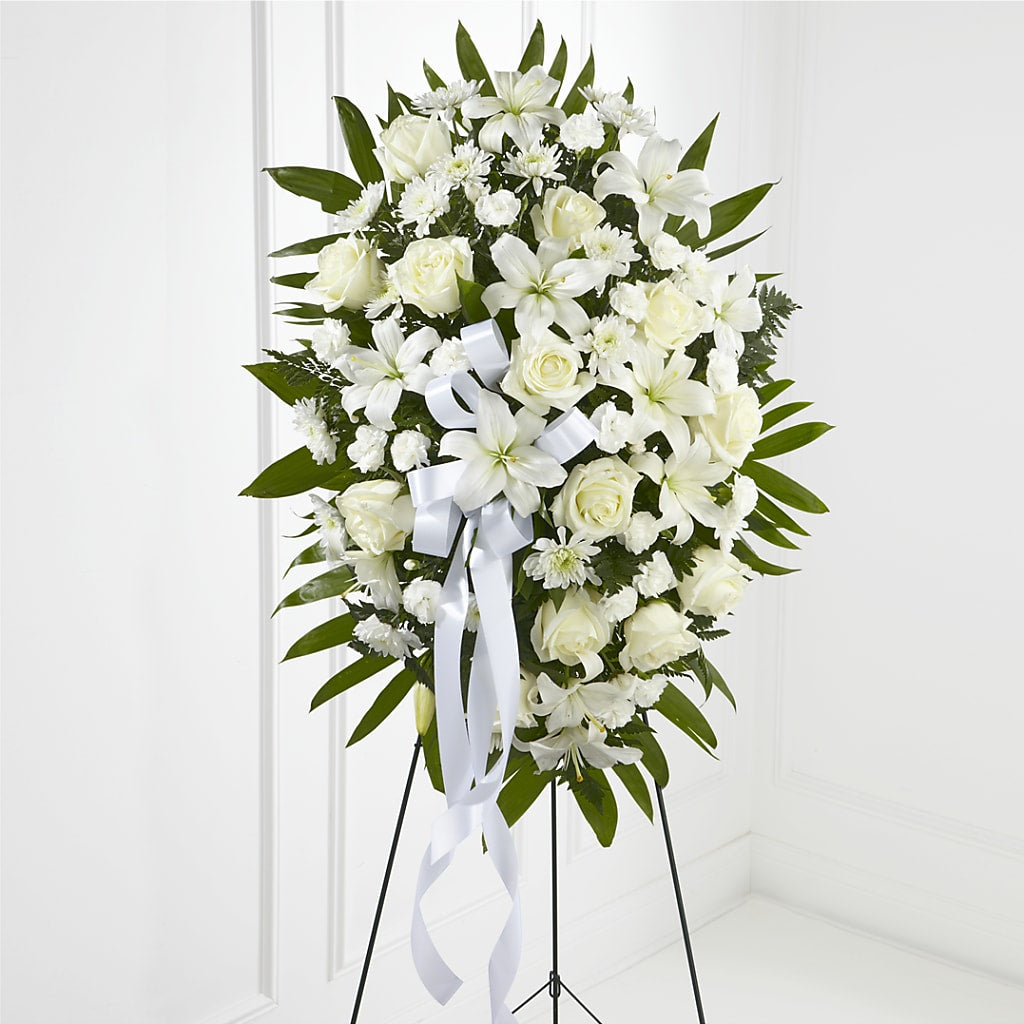 Exquisite Tribute Standing Spray-White Ribbon – Bolton Florist Inc, Bolton ON